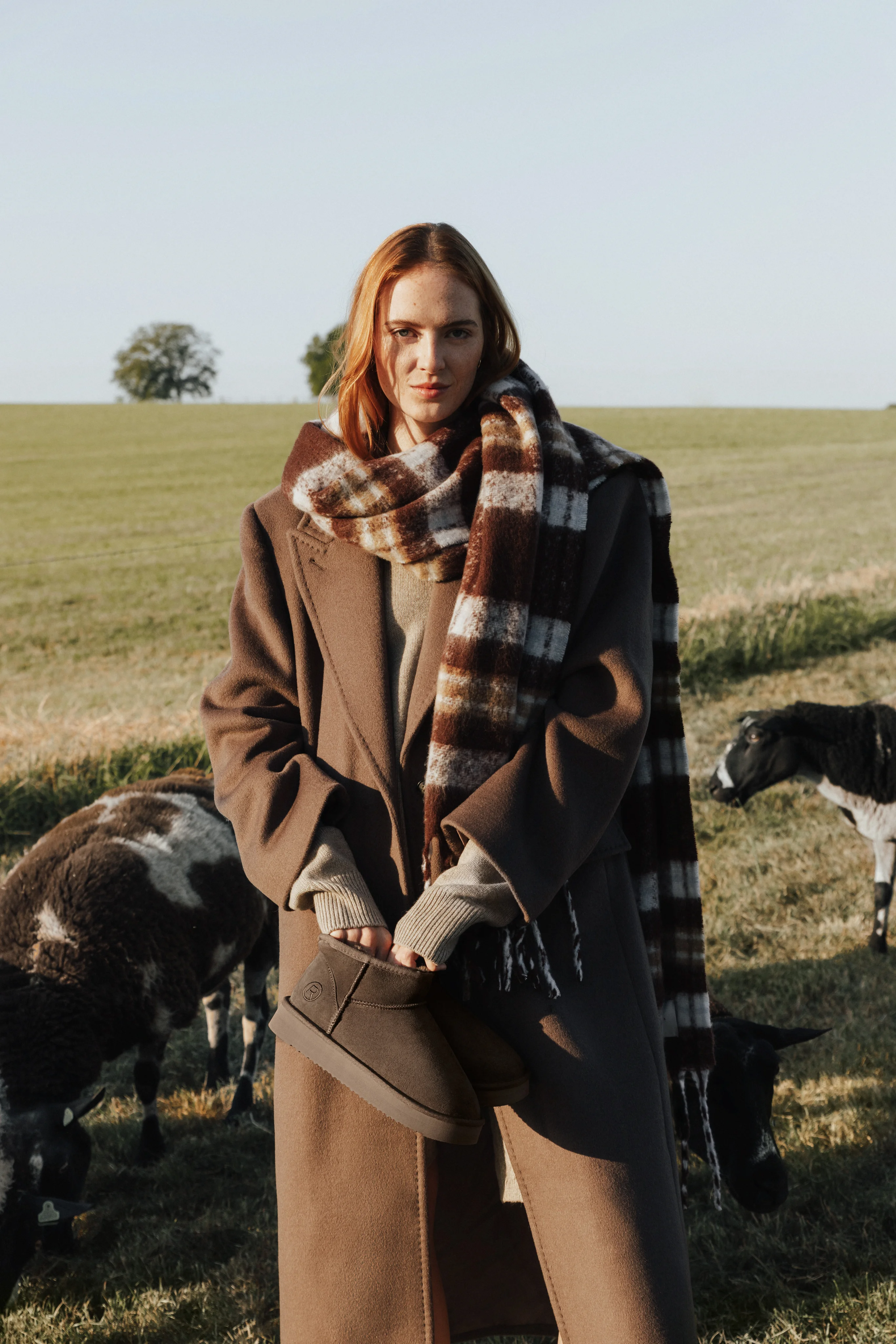 Model in a camel coat and check scarf among sheep in a field