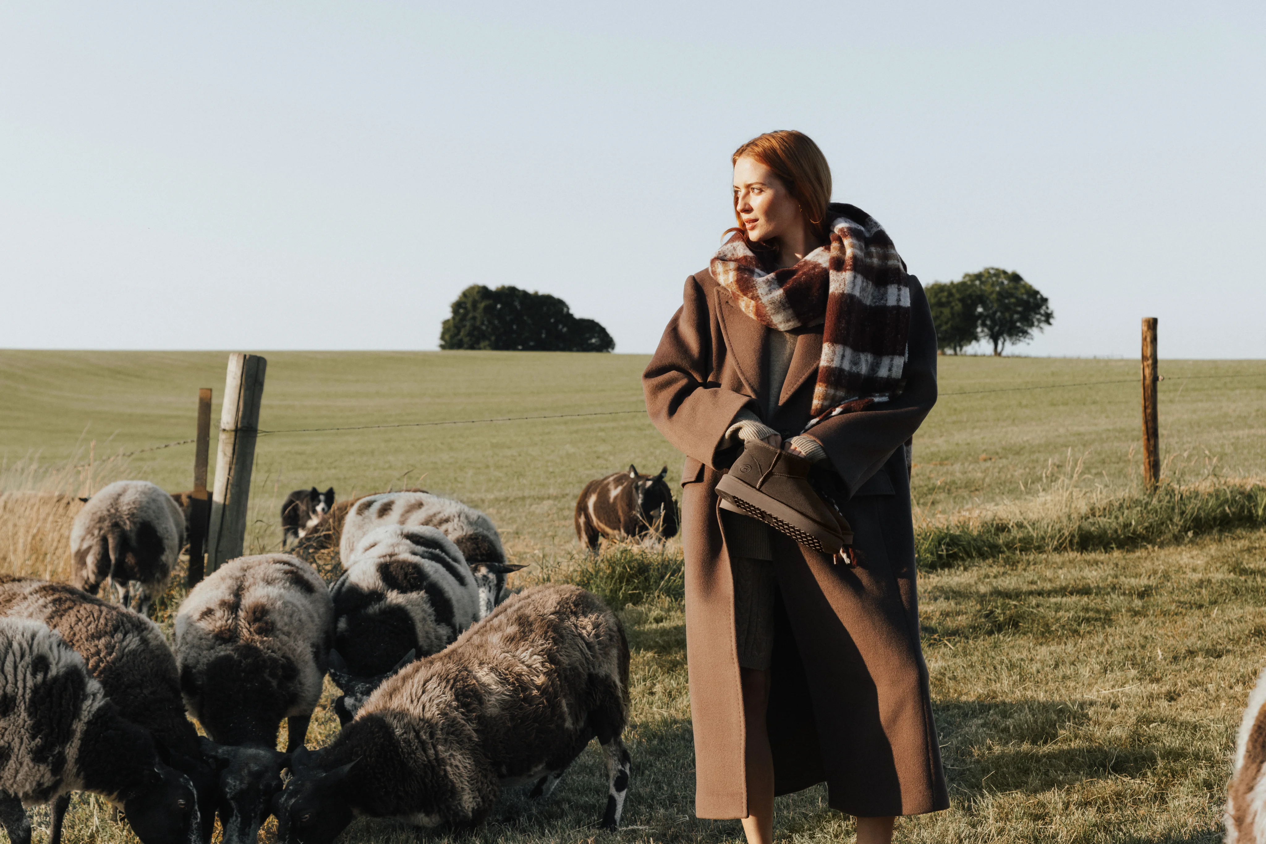 Model in a long coat and check scarf beside a flock of sheep.