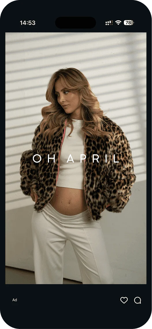 Oh April ad: model in a leopard print jacket
