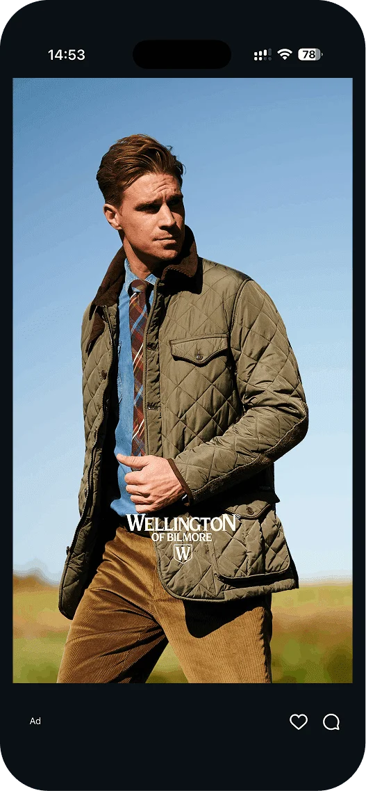 Wellington of Bilmore ad: man in an olive quilted jacket
