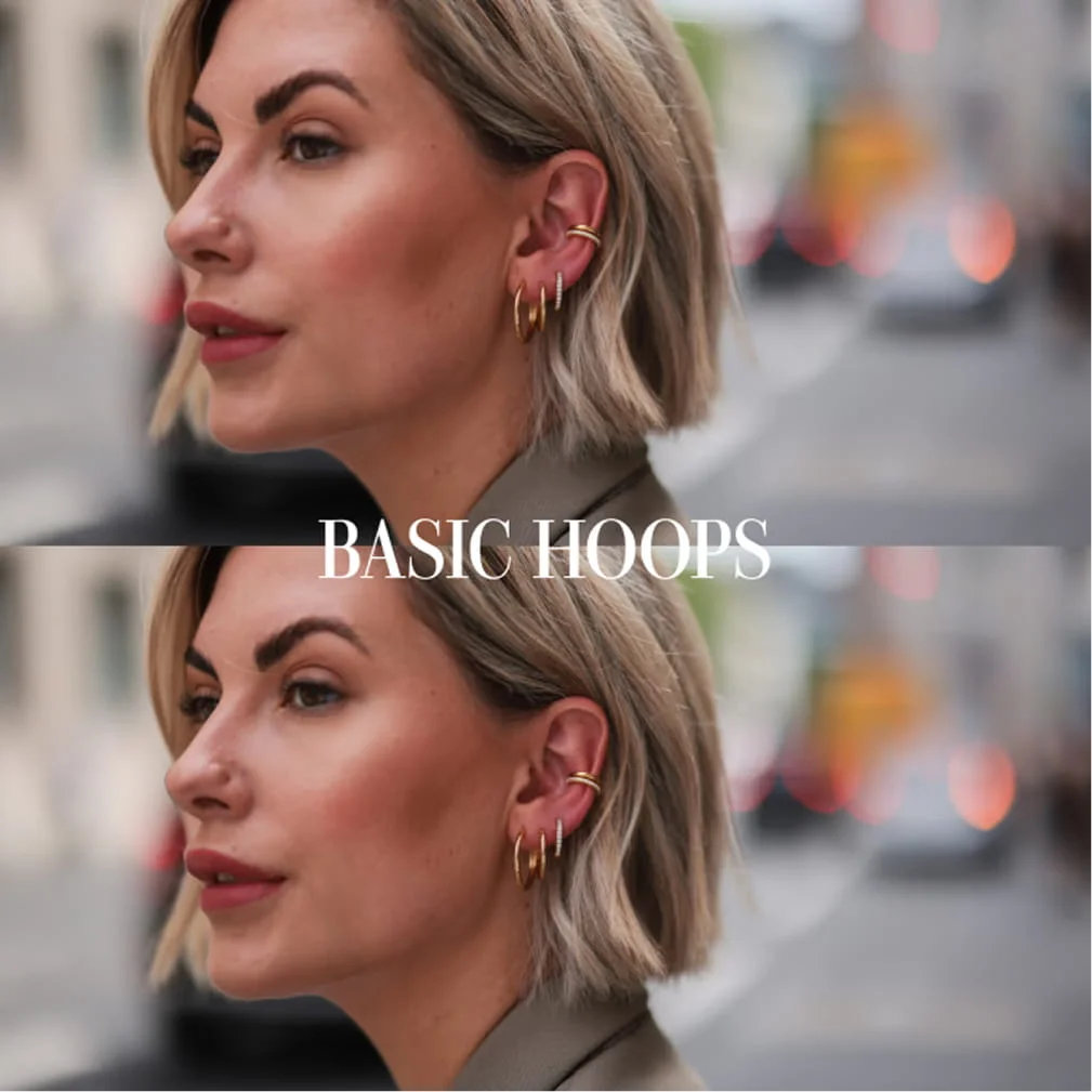 Fafe Collection ad: woman with a blonde bob wearing Basic Hoops
