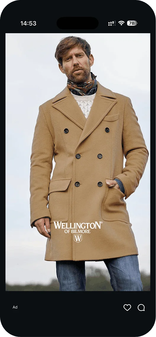 Wellington of Bilmore ad: man in a camel double-breasted coat