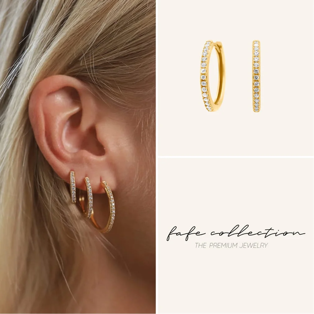 Fafe Collection ad: gold hoop earrings with stones, worn and as a product shot