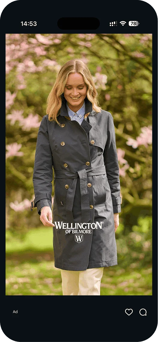 Wellington of Bilmore ad: woman in a navy trench coat