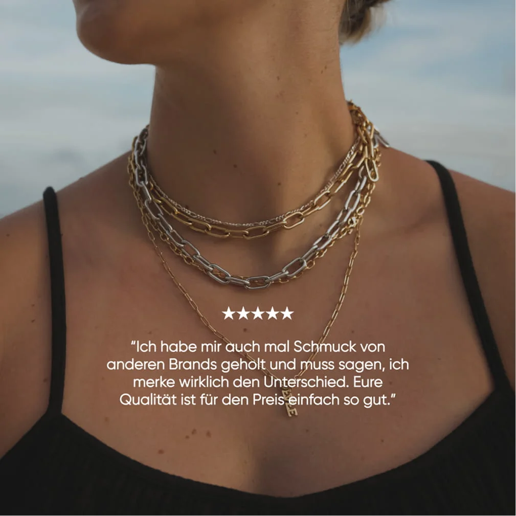 Fafe Collection testimonial ad: layered chain necklaces with a five-star customer review
