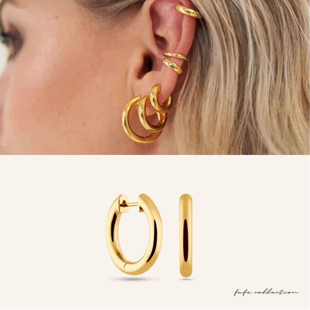 Fafe Collection ad: gold hoops and ear cuffs, worn and as a product shot