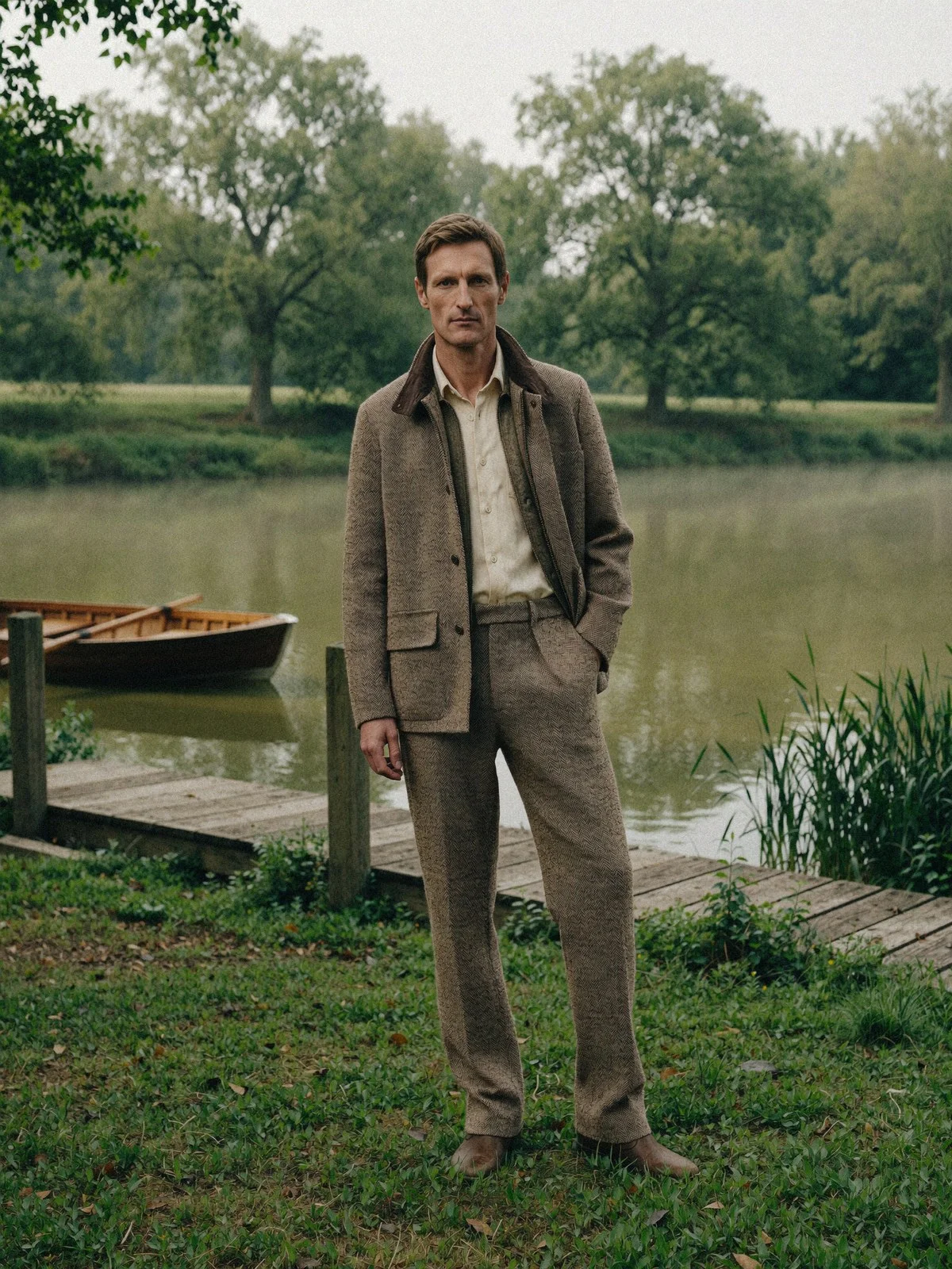 Man in a beige suit by a lake with a wooden jetty