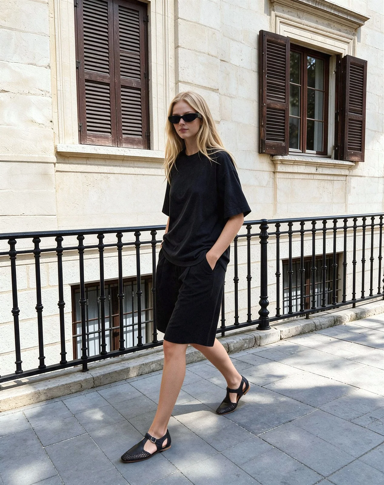 Woman in black with sunglasses walking along a wrought-iron railing