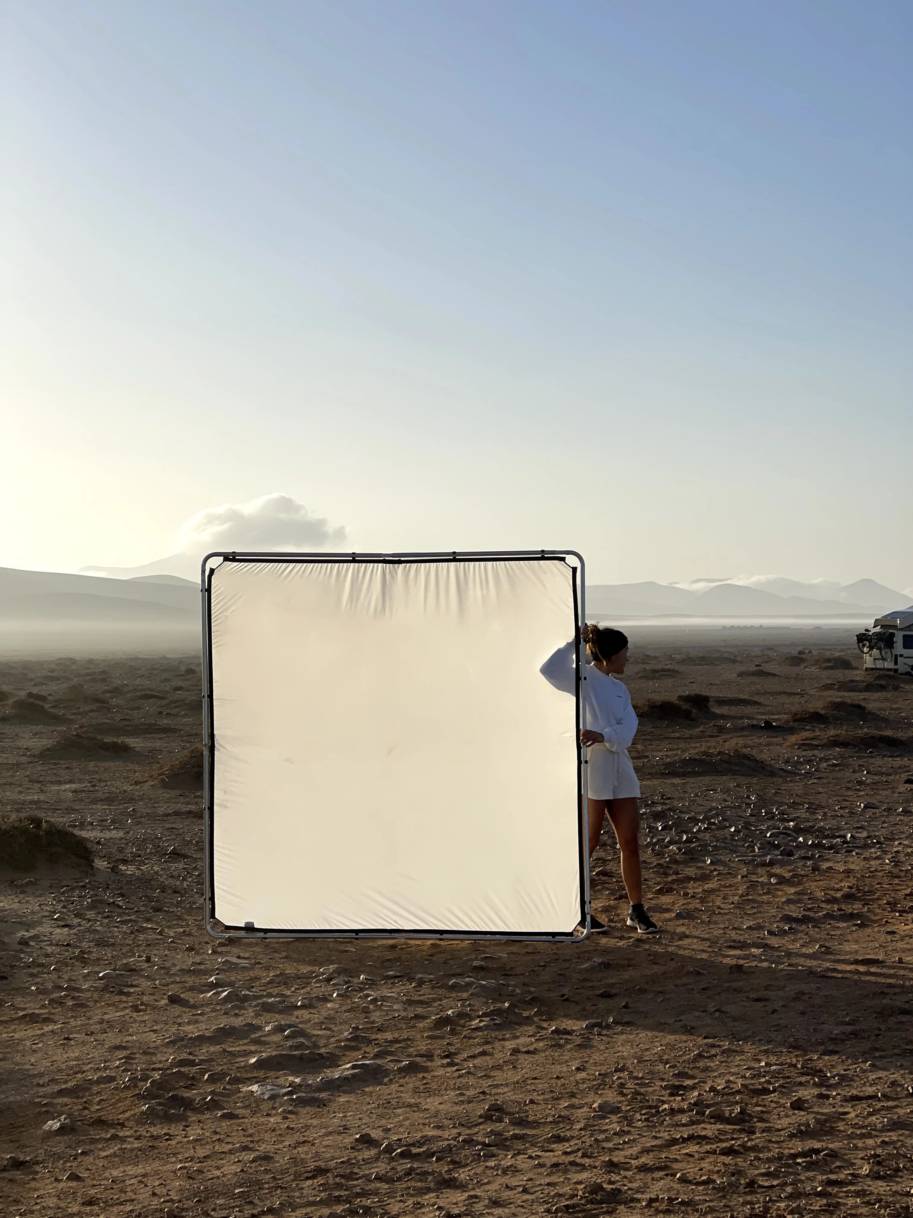 Reflector panel set up on a desert location