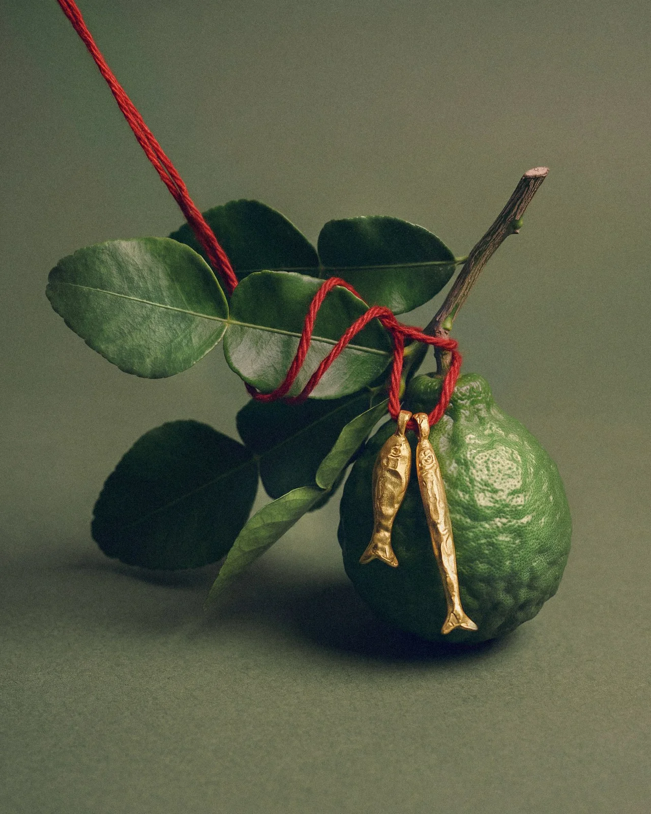 Gold fish charms on a red cord tied around a lime