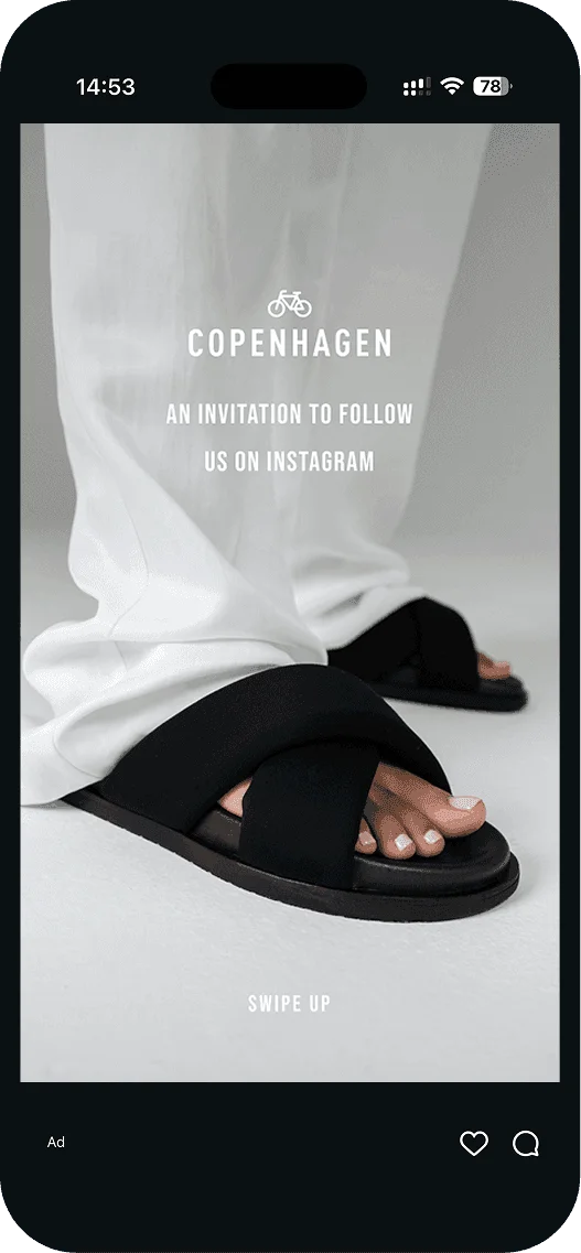 Copenhagen Studios ad with black sandals inviting viewers to follow the brand on Instagram
