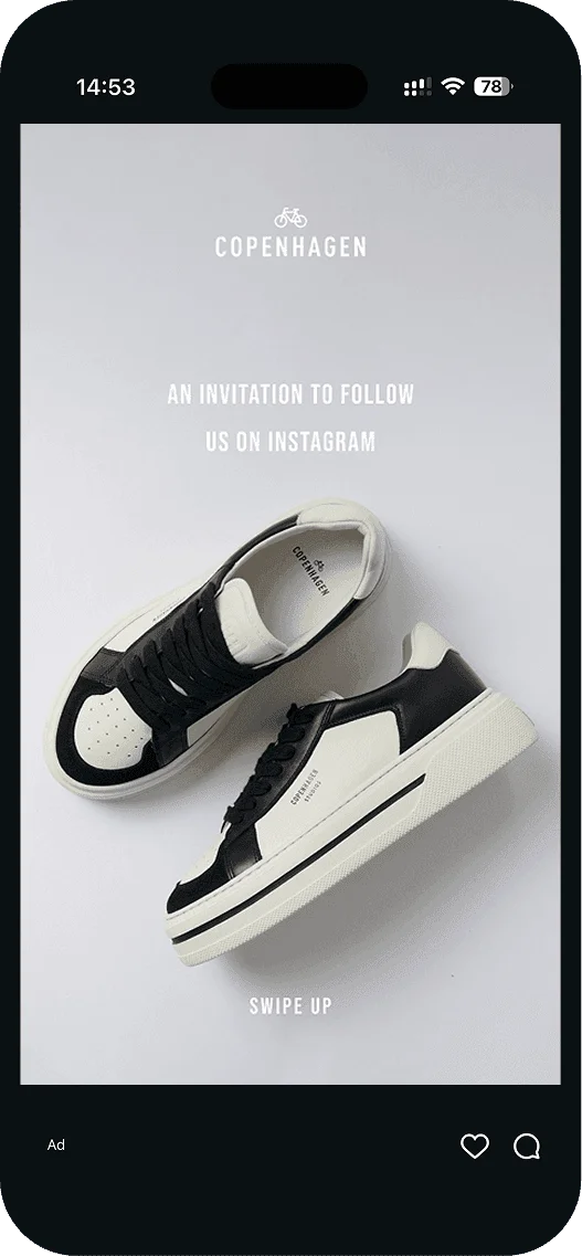 Copenhagen Studios ad with black and white sneakers inviting viewers to follow the brand on Instagram