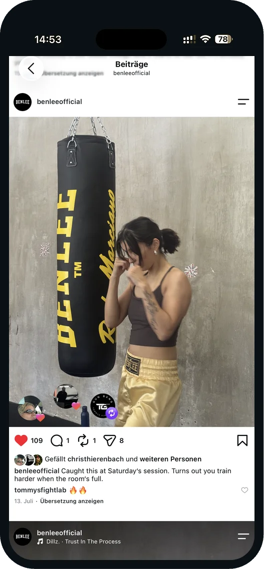 Instagram post by @benleeofficial: woman training at a BENLEE heavy bag