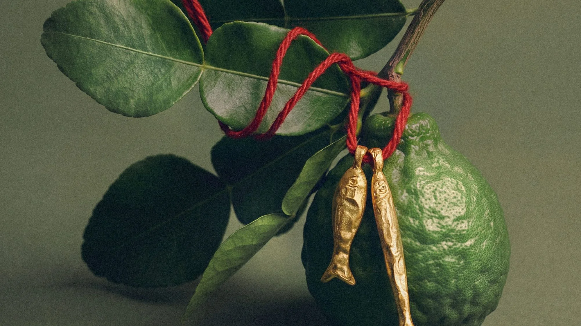 Still life with a lime and gold fish charms from a BENCHMARKED production