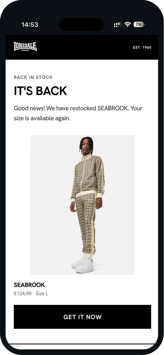Lonsdale back-in-stock email for the SEABROOK tracksuit