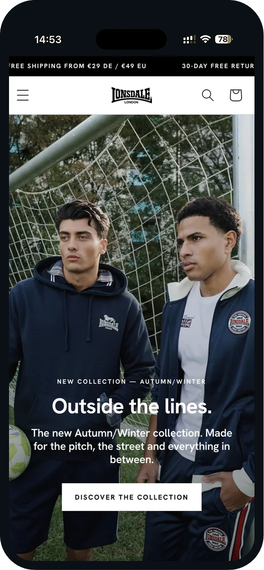 Lonsdale store homepage in English with the campaign “Outside the lines.”