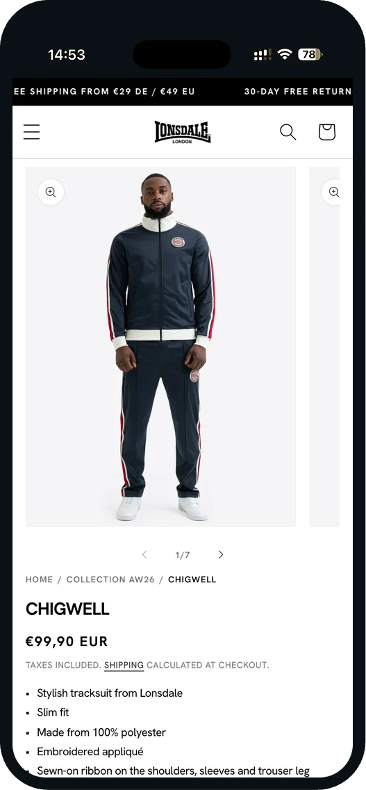 Lonsdale product page in English: the CHIGWELL tracksuit