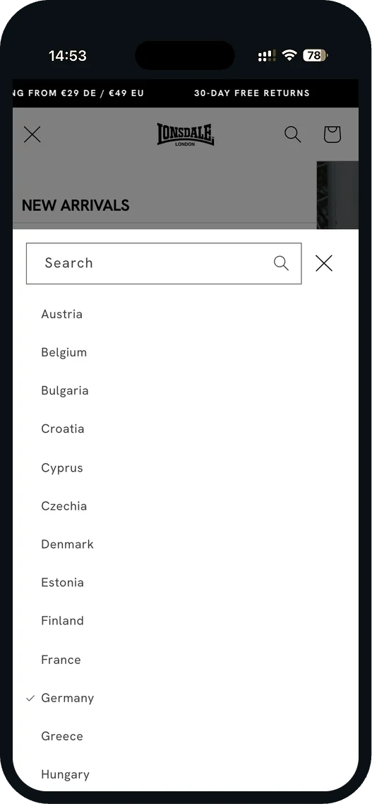 Country selection in the Lonsdale store with the EU countries