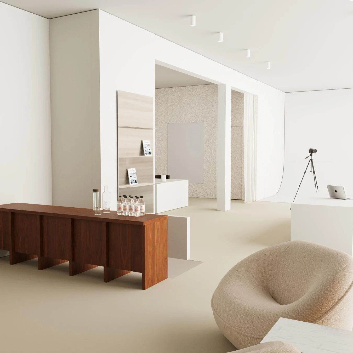 BENCHMARKED office in Cologne: reception with wooden counter and lounge chair