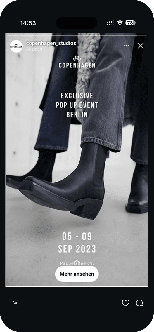 Copenhagen Studios ad for the Berlin pop-up event with black ankle boots