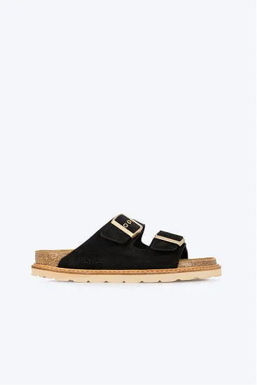 Black two-strap suede sandal