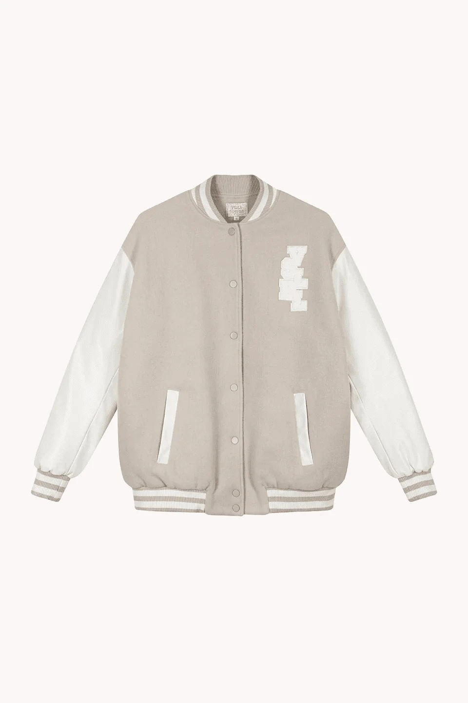 Beige varsity jacket with white sleeves