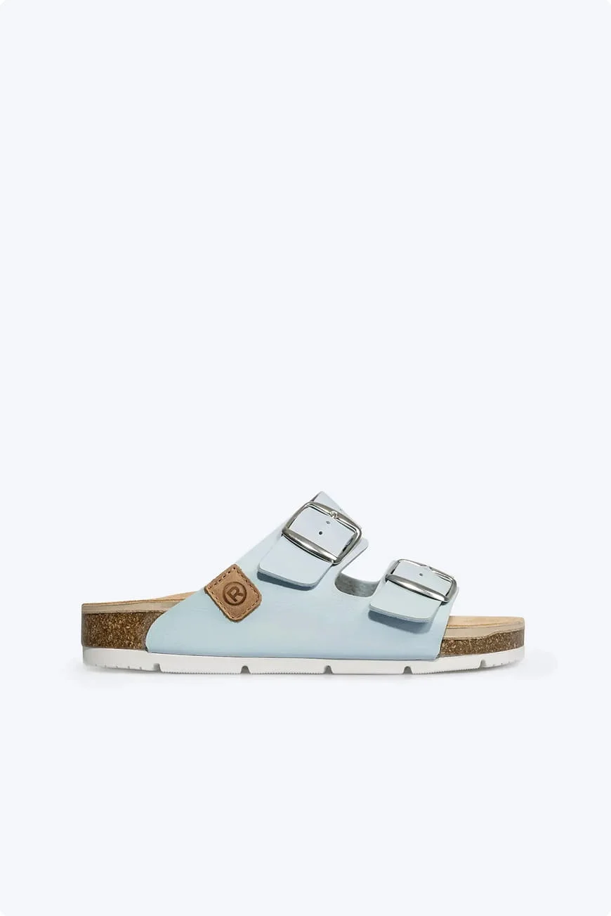 Light blue two-strap sandal with a white sole