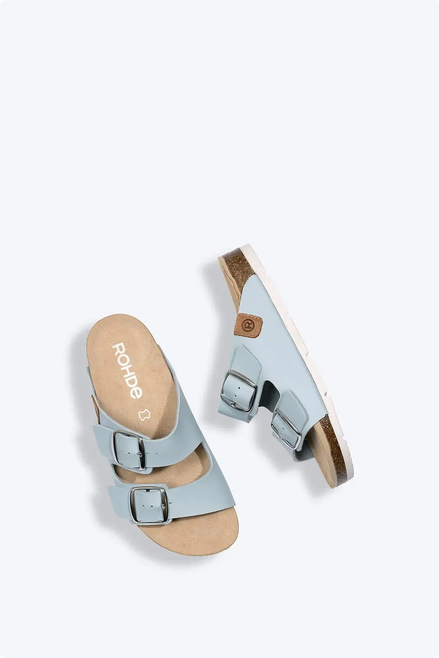 Pair of light blue two-strap sandals, top view