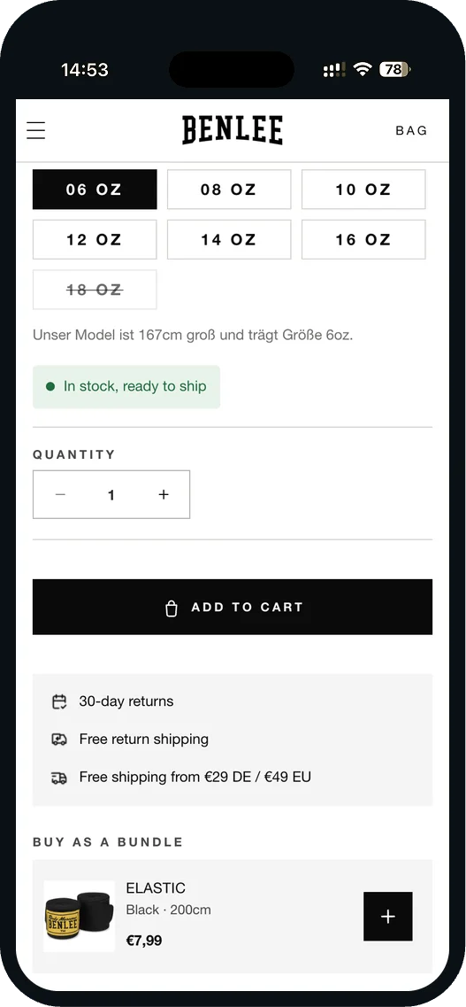 BENLEE product page for boxing gloves with a bundle offer for matching hand wraps