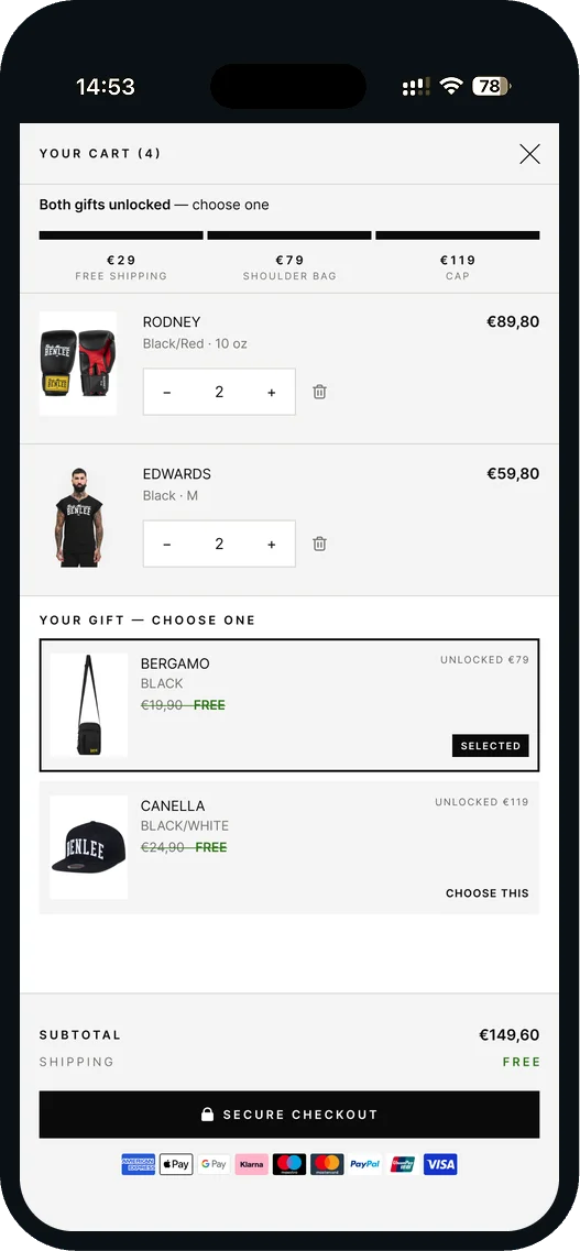 BENLEE cart with the gift ladder: both gifts unlocked, a bag or a cap to choose