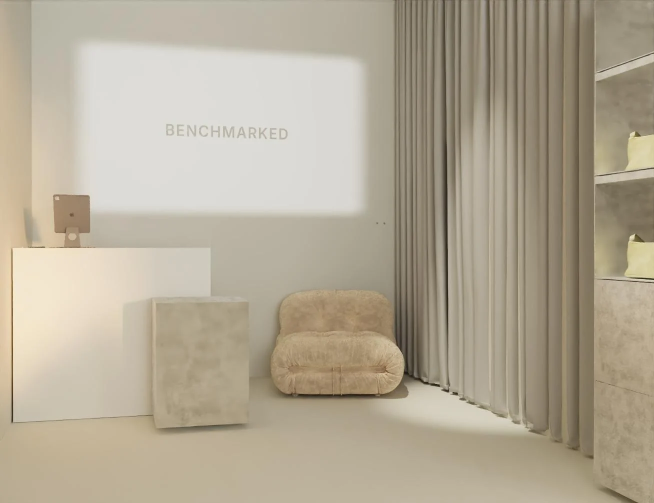 Checkout counter with an iPad next to a curtain and a lounge chair
