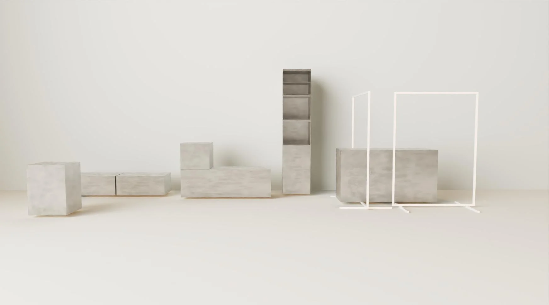 Modular stainless steel furniture: cubes, benches, a shelf and clothing rails