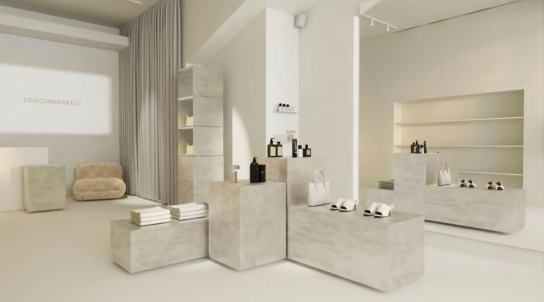 Store interior with a brand logo on the video wall, display cubes and shelves