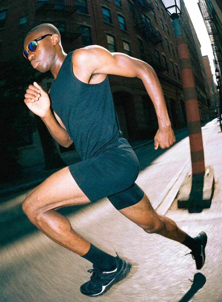 Runner in black sportswear on a city street