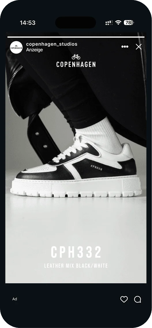Copenhagen Studios ad for the CPH332 sneaker in black and white