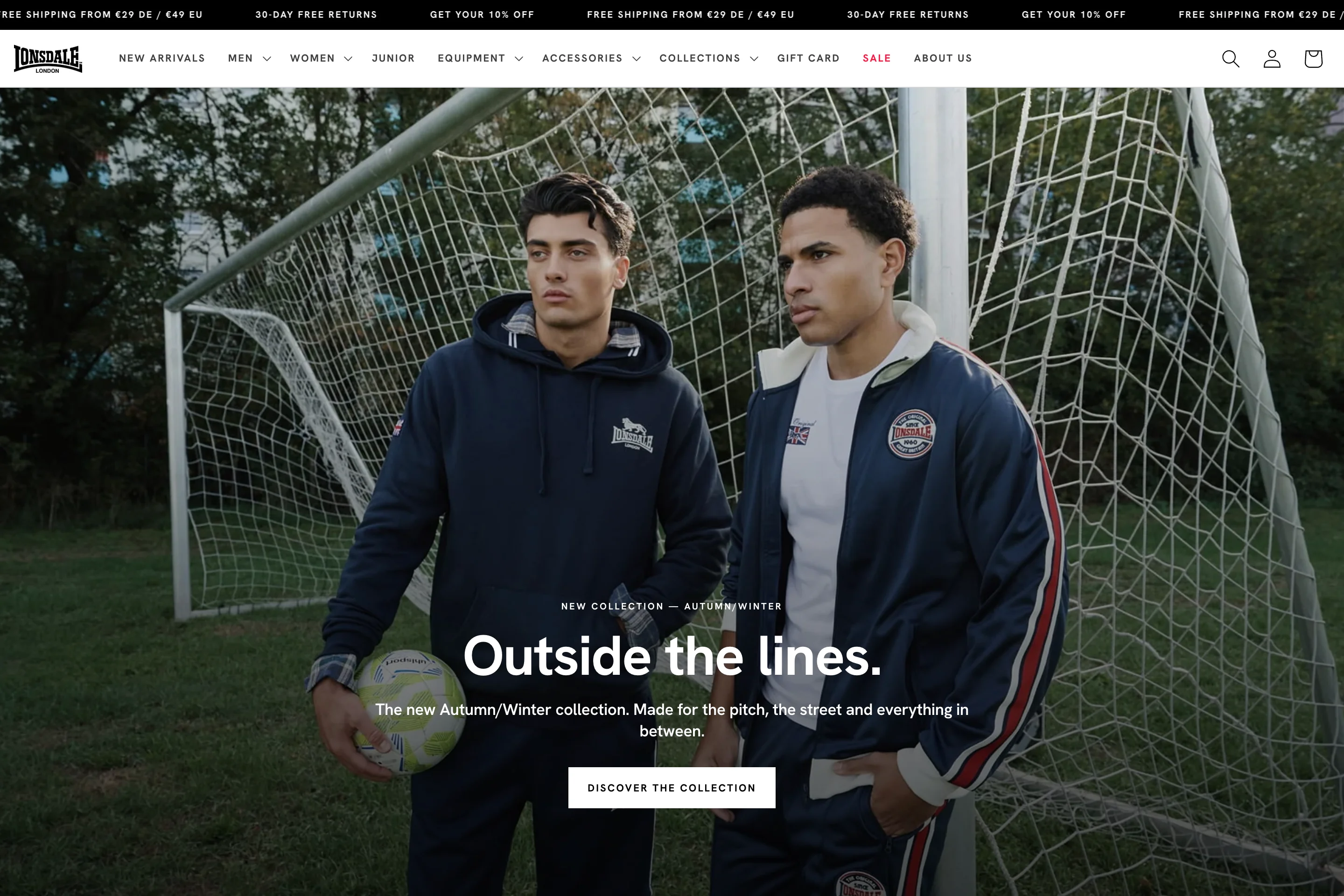 Lonsdale homepage with the Fall/Winter campaign “Outside the lines.”