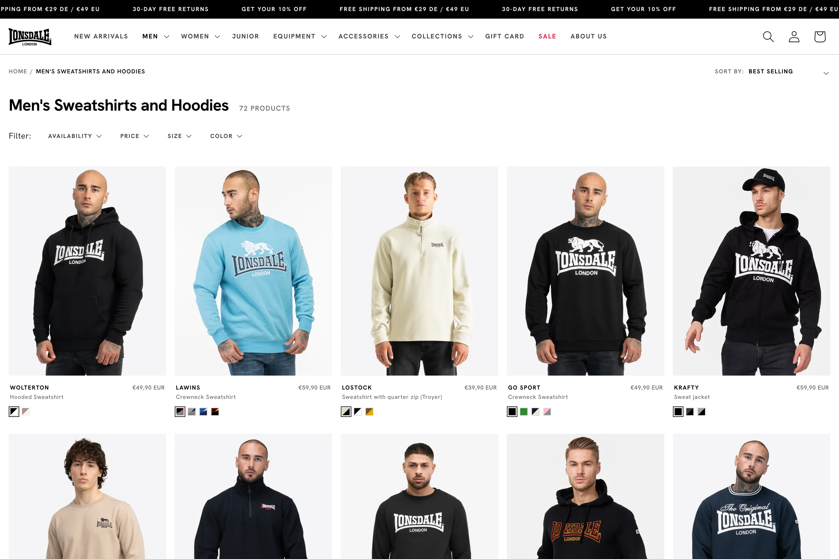 Lonsdale collection page with men’s sweatshirts and hoodies
