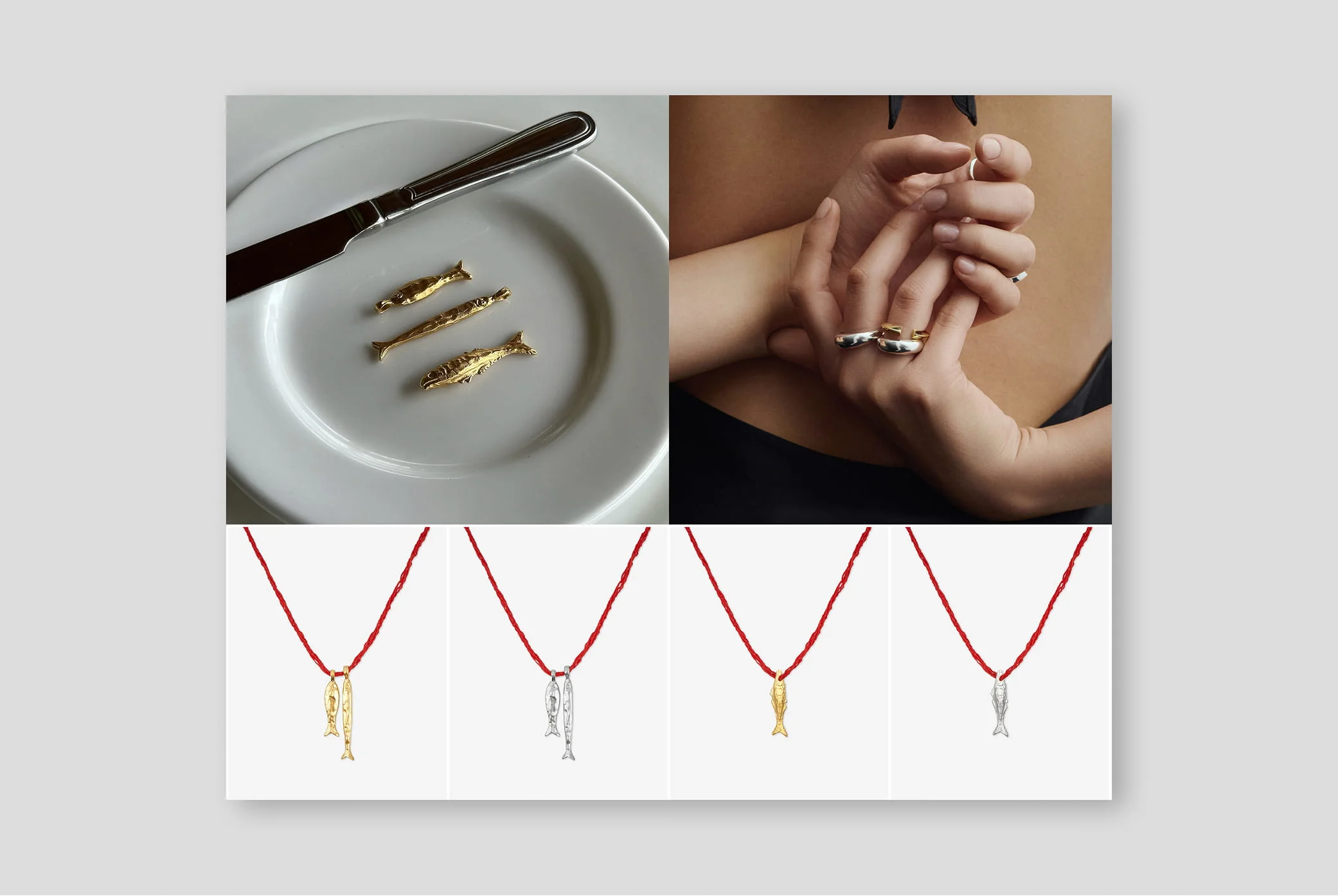 Cold Skin shop page with gold fish charms on a plate and red cord necklaces