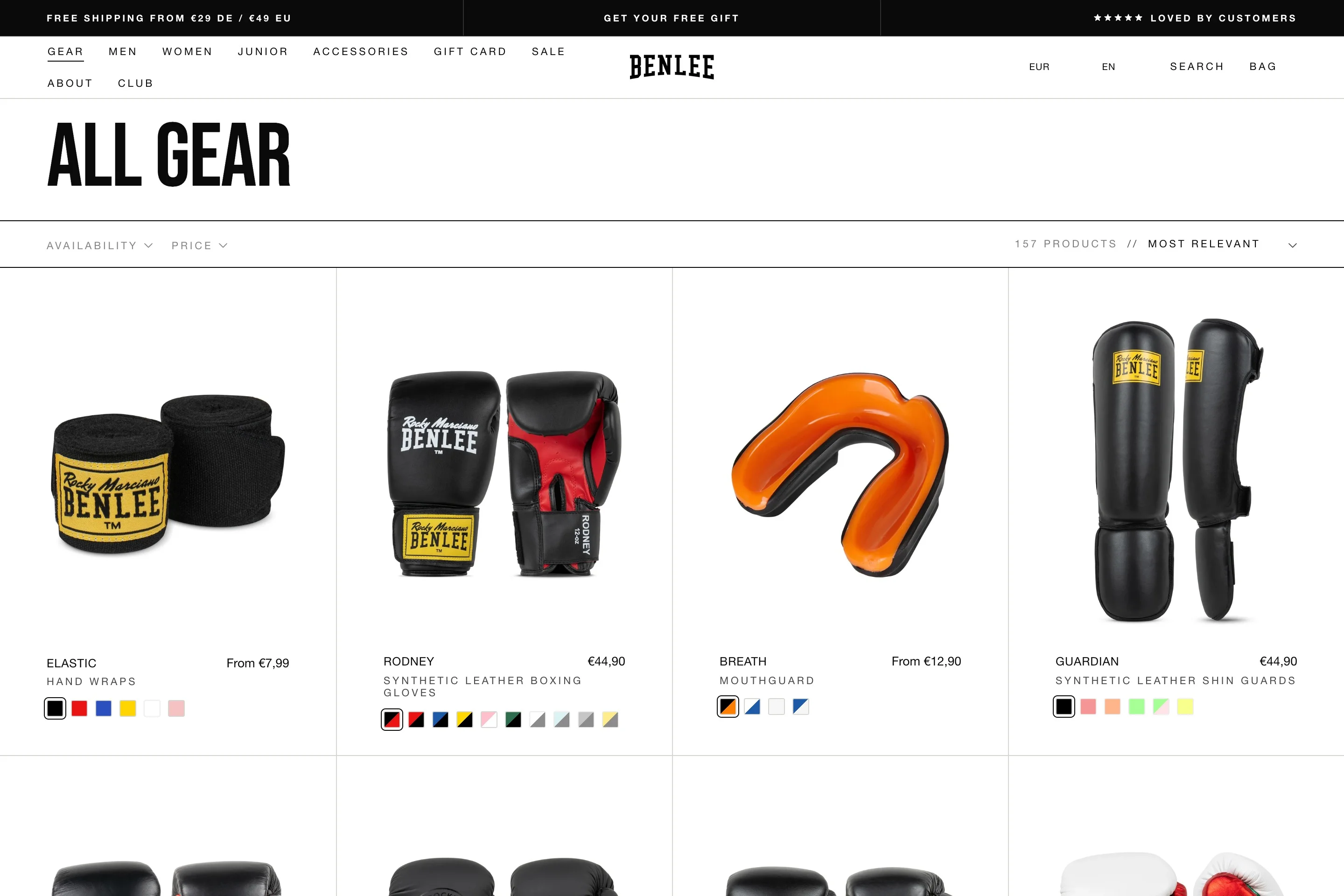 BENLEE collection page “All gear” with hand wraps, gloves, a mouthguard and shin guards