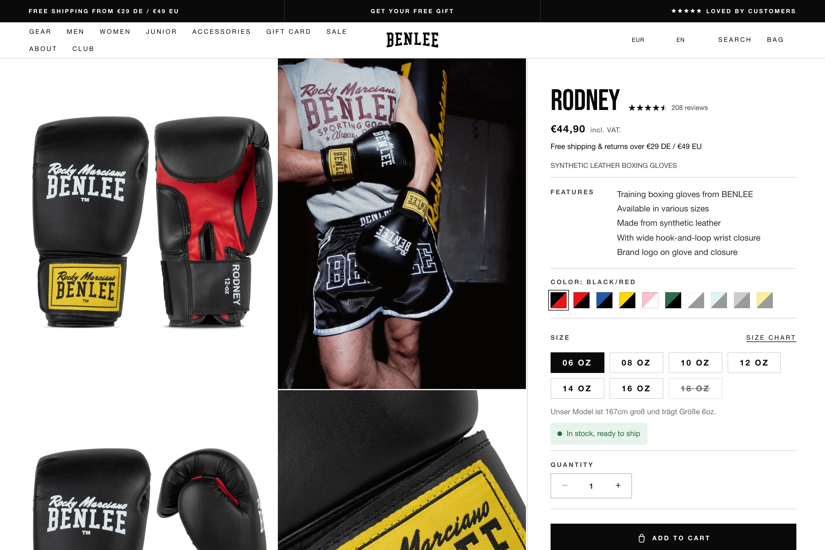 BENLEE product page for the RODNEY boxing gloves with features and sizes