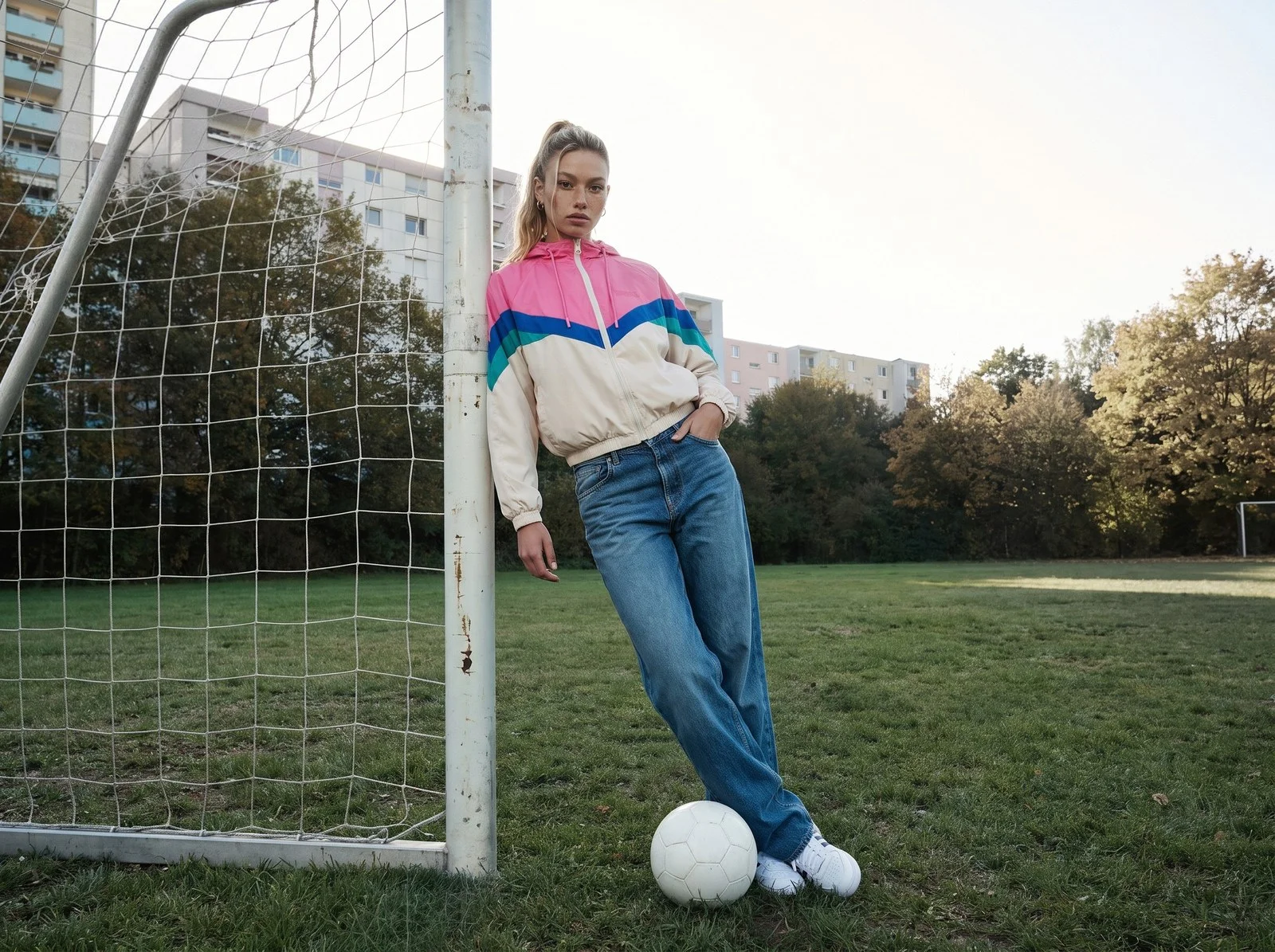 Woman in a retro track jacket and jeans at a football goal
