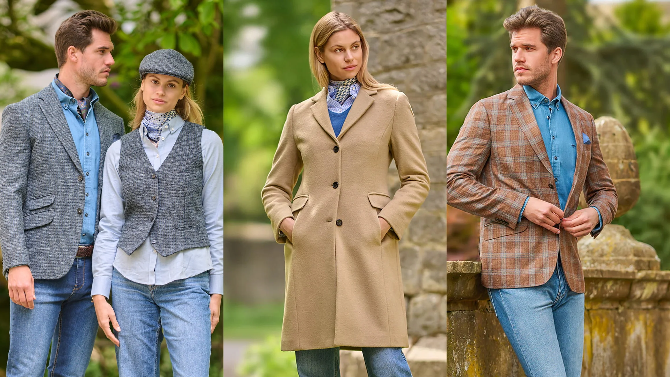 Wellington of Bilmore campaign: a couple in grey tweed, a woman in a camel wool coat and a man in a checked jacket.
