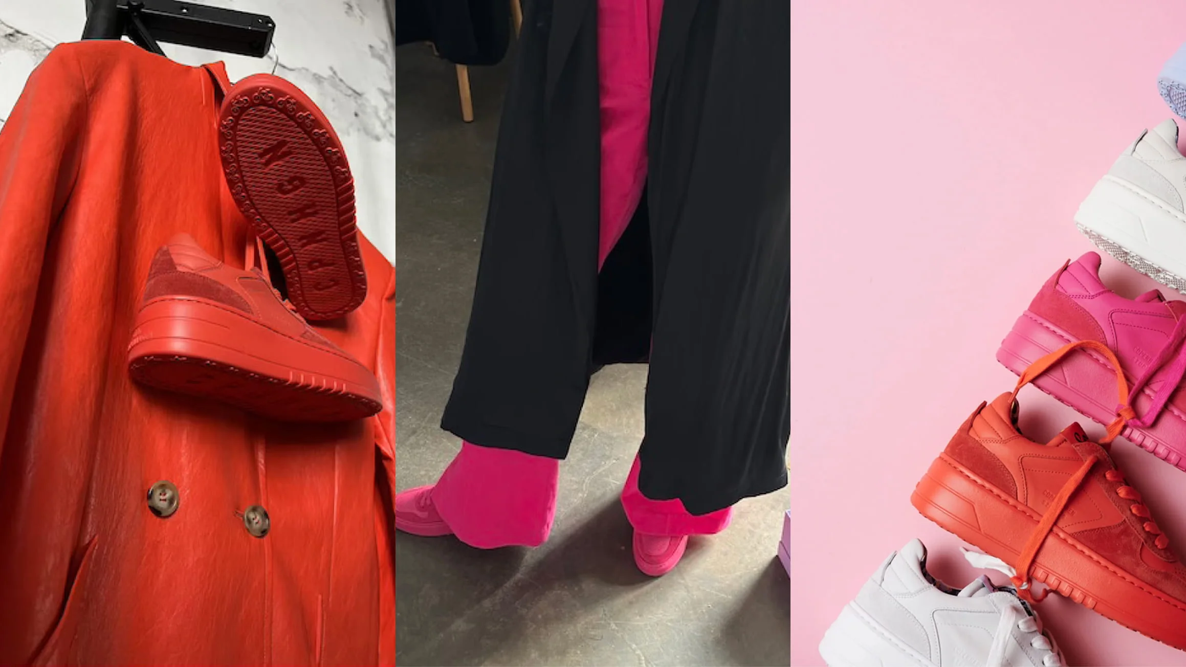 Red sneakers on a red leather coat, pink sneakers worn with a black coat and colorful sneakers on a pink background.
