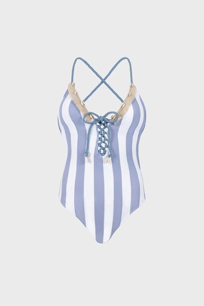 Striped swimsuit with shell accents
