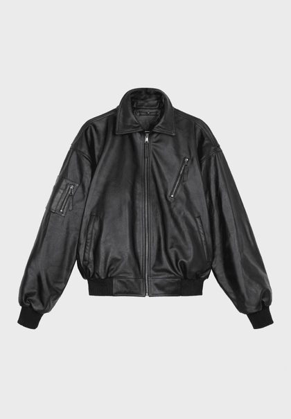 Black leather bomber jacket