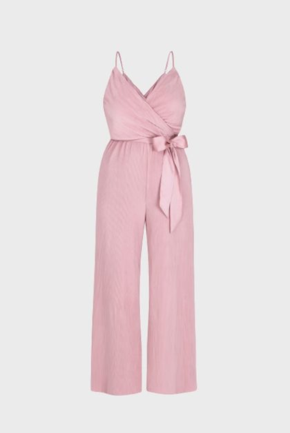 Pink pleated wide-leg jumpsuit with bow tie