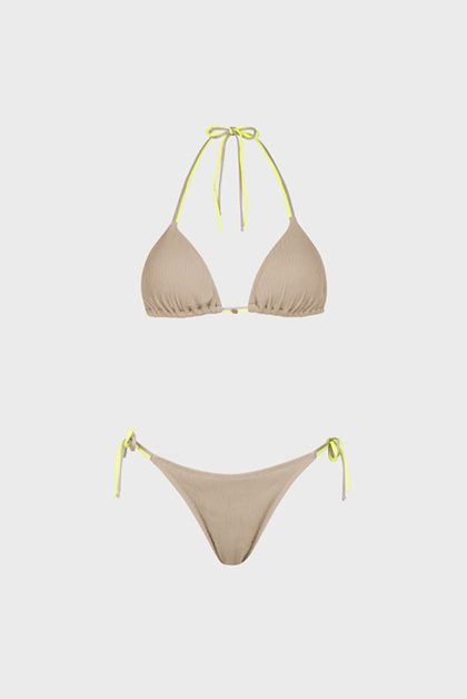Beige ribbed halter bikini with yellow ties