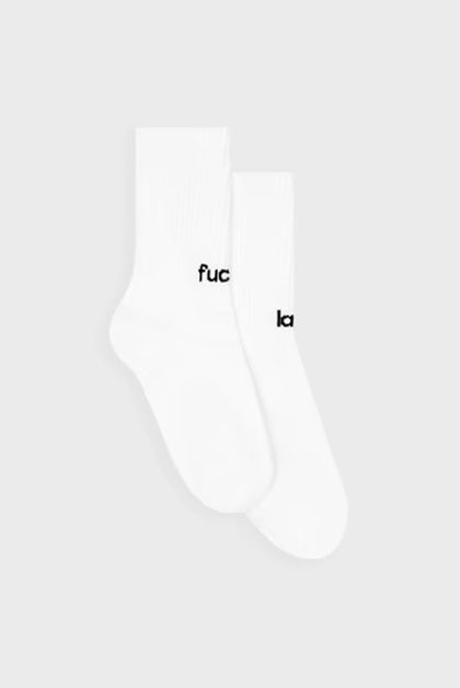 White socks with black text