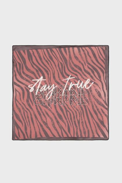 Pink and grey zebra-print scarf with “Stay True” text