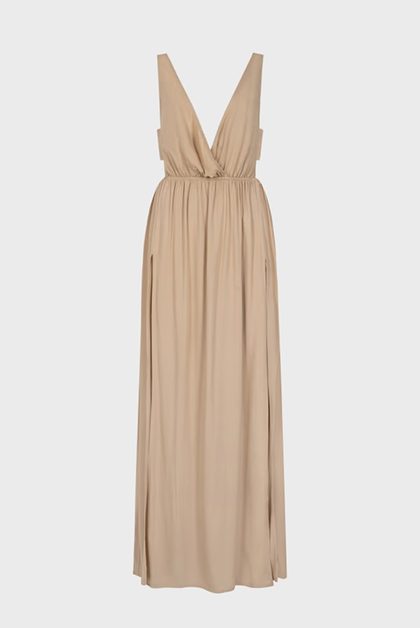 Tan maxi dress with V-neck and side slits
